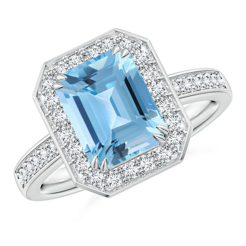 Angara 2.75 Carats Emerald-Cut Swiss Blue Topaz Engagement Ring with Diamonds in Platinum