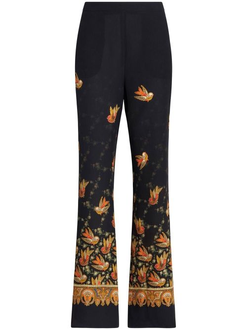 Paisley-Print Silk Trousers — Black