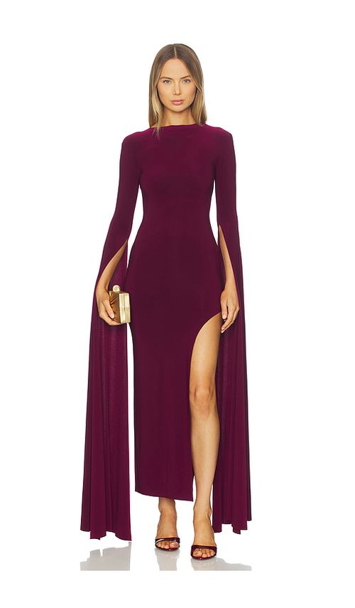 Norma Kamali Open Back Ribbon Sleeve Wide Slit Gown in Plum. L also in M