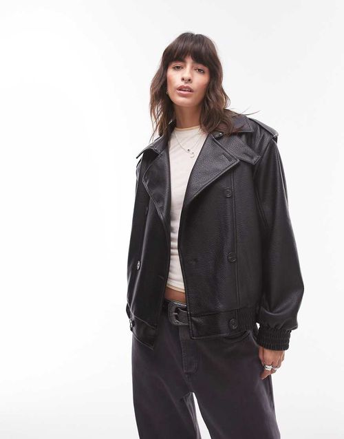Topshop oversized bubble faux leather bomber jacket in black