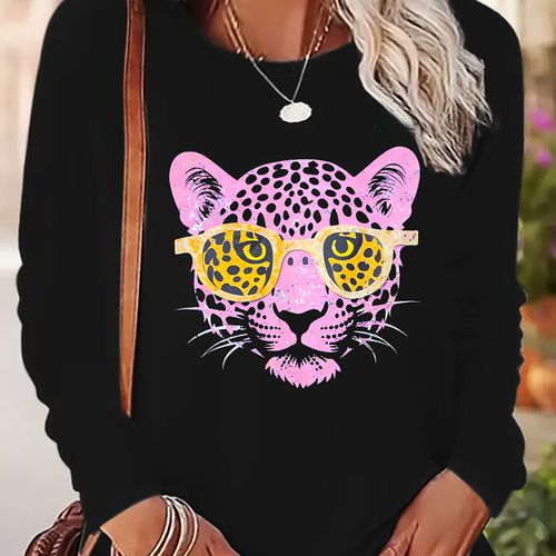 TEMU Women' Graphic Print T-shirt With Pink Leopard & Fashion Glasses Design, Long Sleeve Crew Neck Casual Top, Machine Washable Regular -season