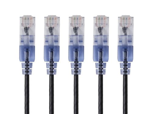 Cat6A 1ft Black 5-Pk Patch Cable, UTP, 30AWG, 10G, Pure Bare Copper, Snagless RJ45, SlimRun Series Ethernet Cable
