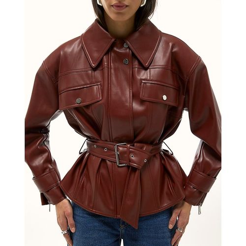 River Island Womens Jacket Red Faux Leather Belted Zip - Mediu