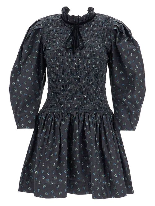 Ganni Women's Printed Cotton Smock Mini Dress in Grey | Size 38 | W0074