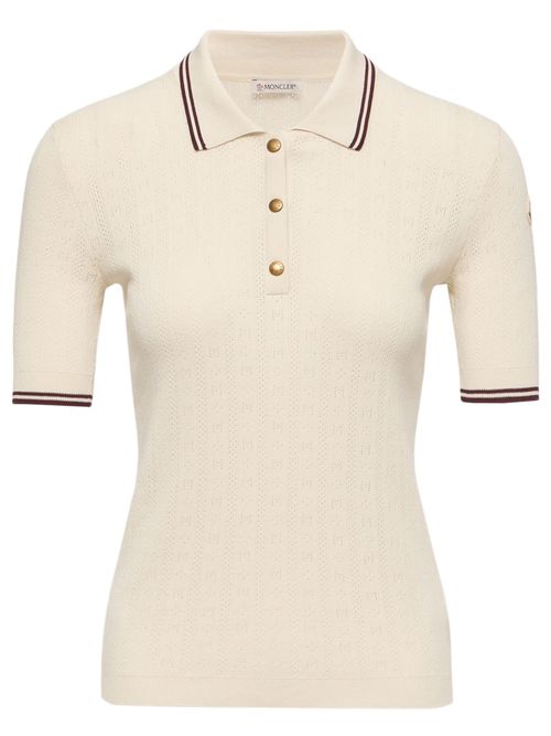 ColTher Short Sleeve Button-Front Knit Logo Pattern Top