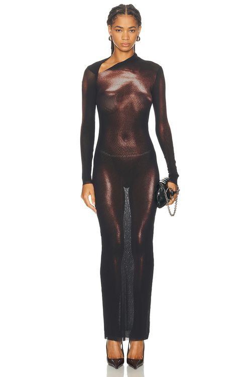 Jean Paul Gaultier Asymmetric Collar Long Body Dust Print Dress in Black