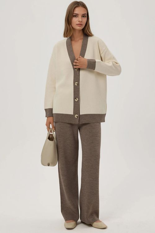 Natural Buttoned Cardigan & Textured High Waist Knit Pants Co-ord Set Women