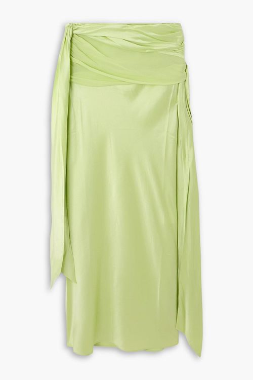 Knot-detailed gathered chiffon-trimmed silk-satin maxi skirt - Green - UK 6