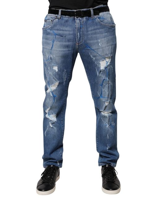Distressed Cotton Stretch Jeans — Blue