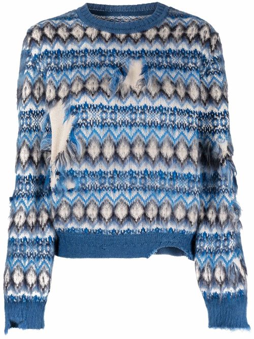 Jacquard distressed knitted jumper - Blue