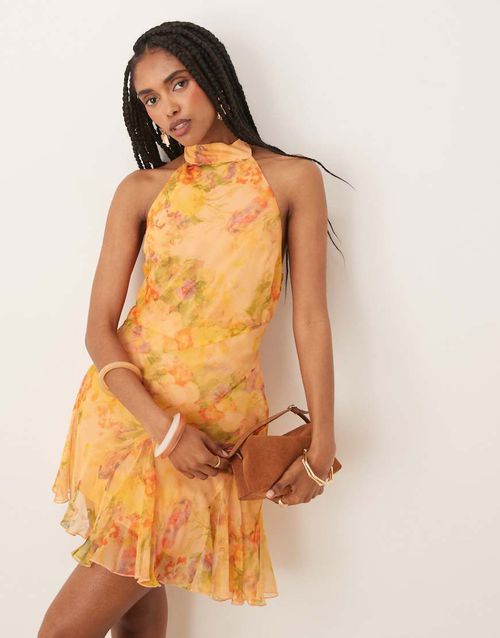 Neck tie godet hem chiffon mini dress in orange floral print