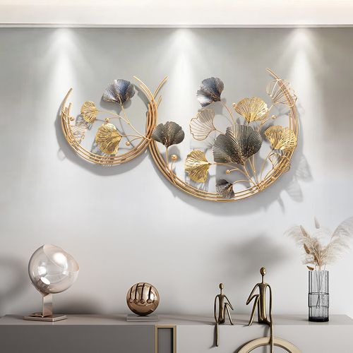 Moderno arte de pared redondo de metal con hojas de ginkgo ahuecadas en 3D para decoración del hogar en dorado y gri