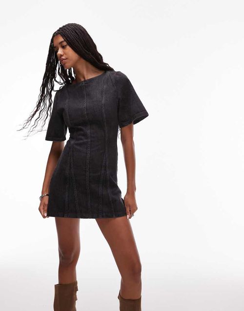 Rosette a-line contrast seam mini dress in grey