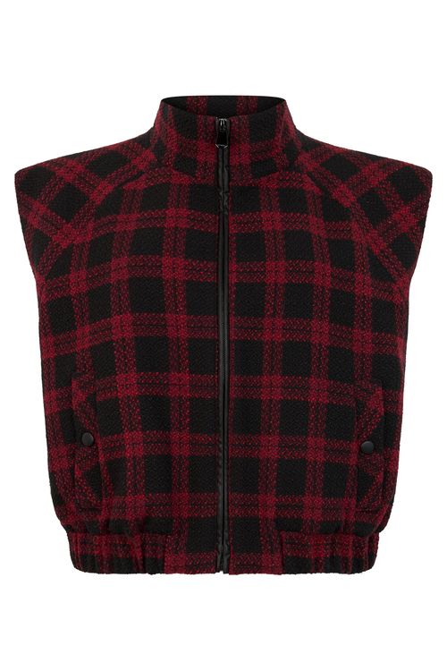 Checkered Design High-Collar Sleeveless Vest