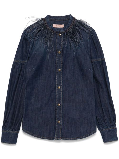 Feather-detail denim shirt - Blue