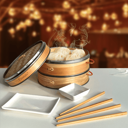 TEMU Bamboo Steamer Basket With Lid - 2 Tier Dumpling Steamer Basket For Cooking - Includes 2 Pair Wooden Chopsticks Reusable, 1 Ceramic Plate