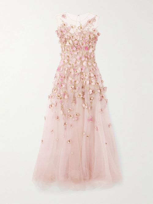 Sleeveless Floral-appliquéd Organza Gown - Pastel pink