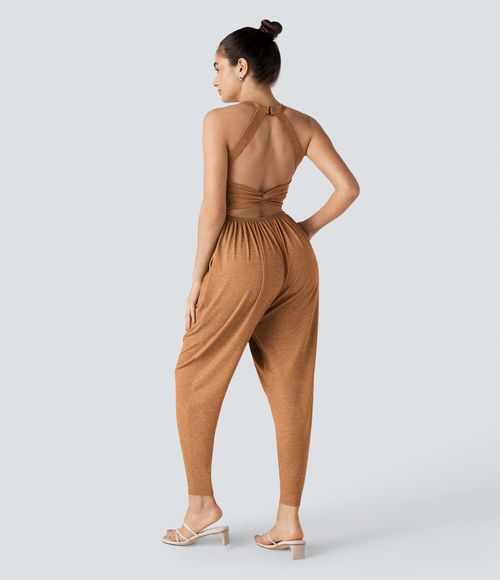 U Neck Pocket Harem Casual Jumpsuit-Easy Peezy Edition  - Pumpkin Orange Floral Yarn