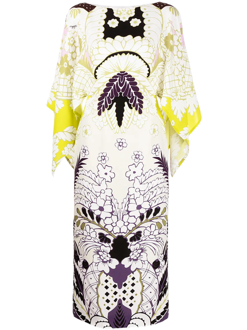 Tropical Word Arazzo Print Silk Kaftan — White