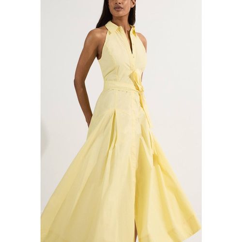 Karen Millen Women's Cotton Collared Halter Neck Woven Midi Shirt Dress w/ Dropped Waist Detail in Lemon