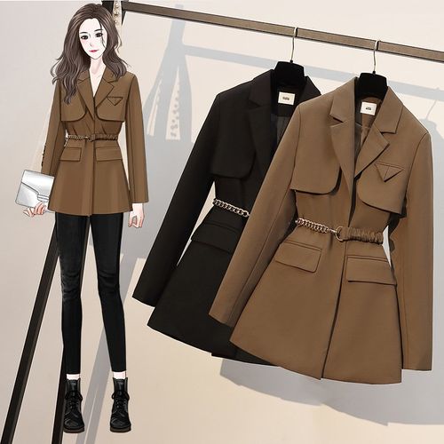 ​​Plus Women's Longline Blazer Jacket | Trendy Fall Winter Oversized Slimming Office Coat With Pocket