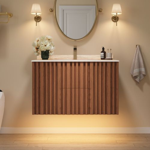Vanité de salle de bain Aura po avec panneaux à lattes en bois de frêne clair et dessus en faux travertin