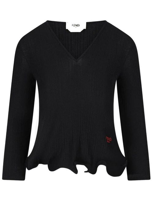 Long-Sleeved V-Neck Wool Top with Embroidered Logo