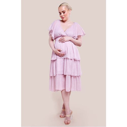 Goddiva Maternity Plain Lurex Chiffon Tiered Midi Dress - Pink