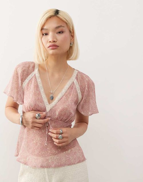 Tea top with lace trims in pink paisley print-Multi