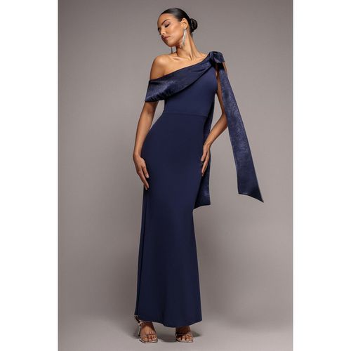 Goddiva One Shoulder Soft Satin Bow Cape Maxi Dress - Navy Blue