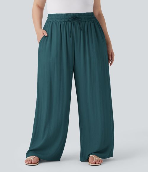 High Waisted Drawstring Linen-Feel Wide Leg Casual Plus Size Pants with Pockets  - Atlantic Deep