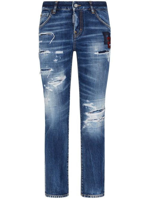 Boston logo-patch cropped jeans - Blue