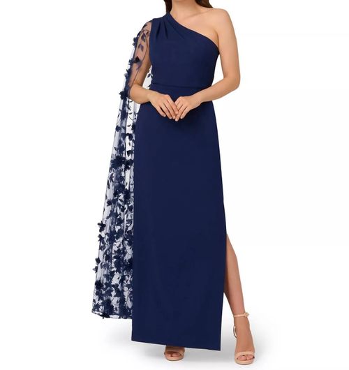 One Shoulder Floral Cape Sleeve Dress In Navy