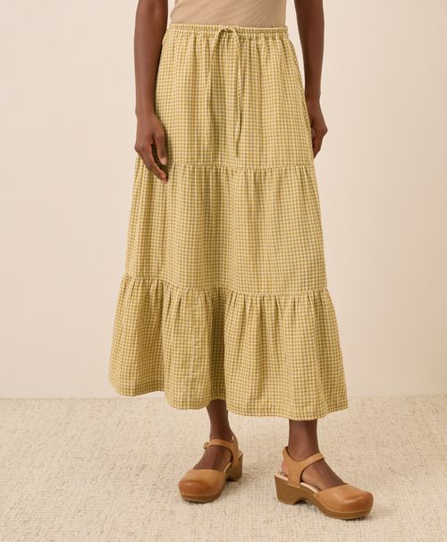 Women's Gold Gingham Coastal Double Gauze Tiered Maxi Skirt