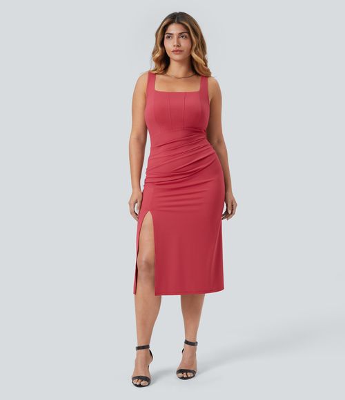 SoftlyZero™ Airy Square Neck Corset Ruched Bodycon Midi Cool Touch Plus Size Dress Casual Dress - Winterberry