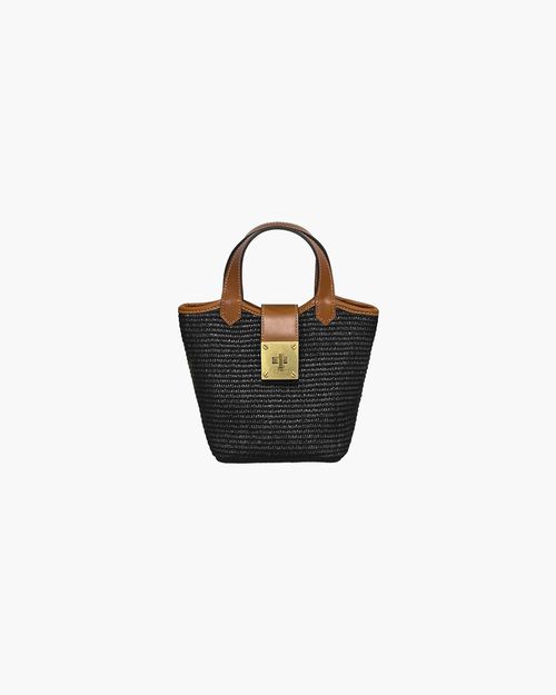 Mini Myka Straw Bag - Black - Women's Compact Bucket Bag with Leather Handles and Turn Lock Closure