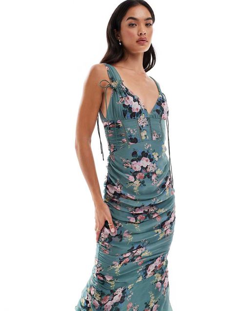 ASOS DESIGN milkmaid lace insert ruched side midi dress in floral print-Multi