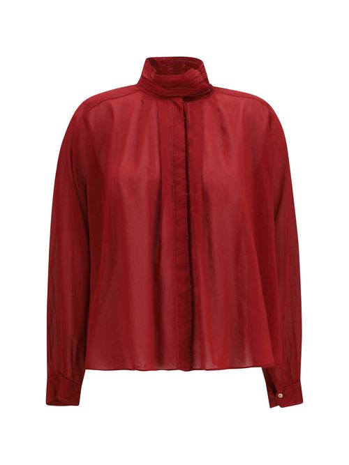 Pleated High-Neck Blouse — Red