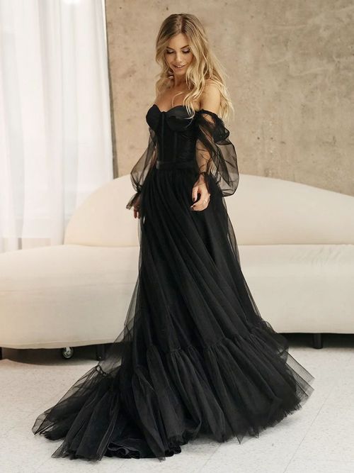 Black Wedding Dresses Tulle A-Line Long Sleeves Bridal Gown Free Customization