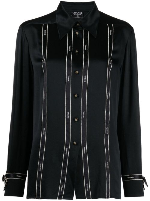 1990s logo-ribbon silk shirt - Black
