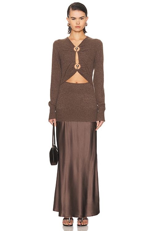 Christopher Esber Orbit Ruched Monument Long Sleeve Dress in Umber - Chocolate. L also in M