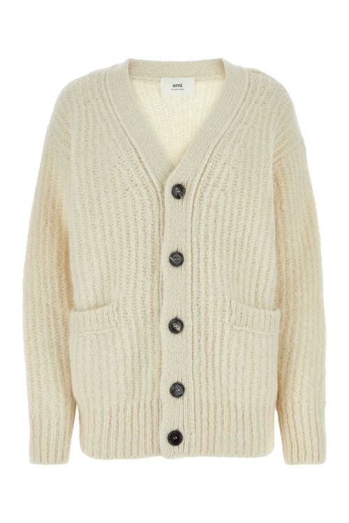 Alpaca-Blend Ribbed Cardigan — Beige