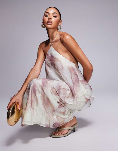 Double layer halter bias maxi dress in abstract print-Multi