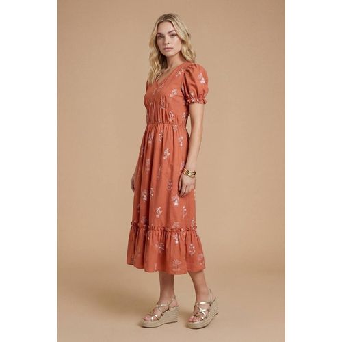 Dorothy Perkins Women's Embroidered Puff Sleeve Tiered Midi Dress in Burnt Orange