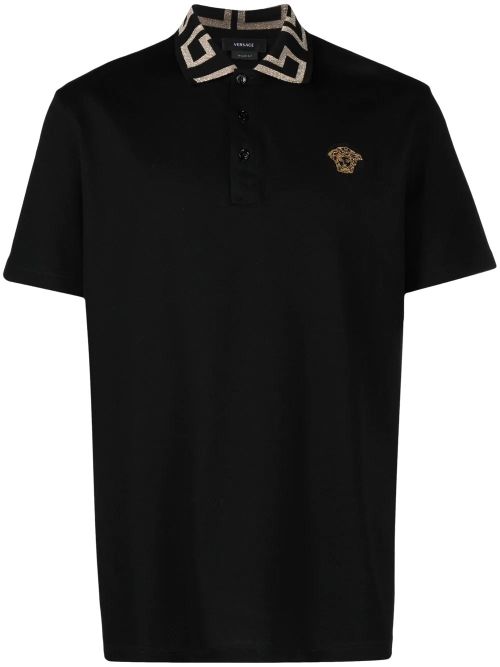 Greek Embroidered Medusa Logo Polo Shirt with Short Sleeves and Pointed Collar