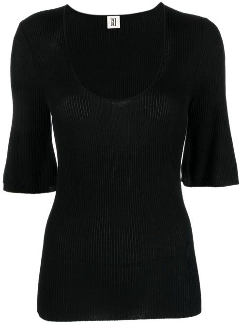 Scoop-neck ribbed-knit T-shirt - Black