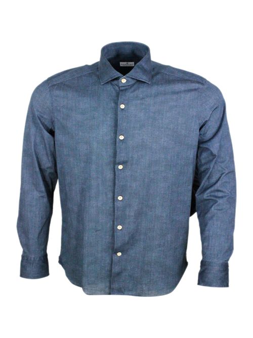 Shirts Blu Denim Dark 100co - Men