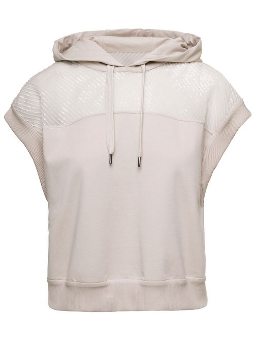 Sleeveless Hoodie With Sequin Embellishment In Beige Cotton Woman