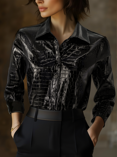 Glossy Black Crocodile Embossed Shirt - Black