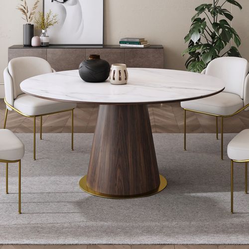 Mesa de comedor redonda blanca de 1200 mm de estilo moderno de mediados de siglo, con superficie de piedra sinterizada, para 4 a 6 persona